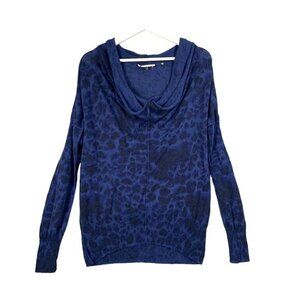 REBECCA TAYLOR Cowl Sweater Womens SZ L Wool Animal Leopard Cat Animal Knit Blue